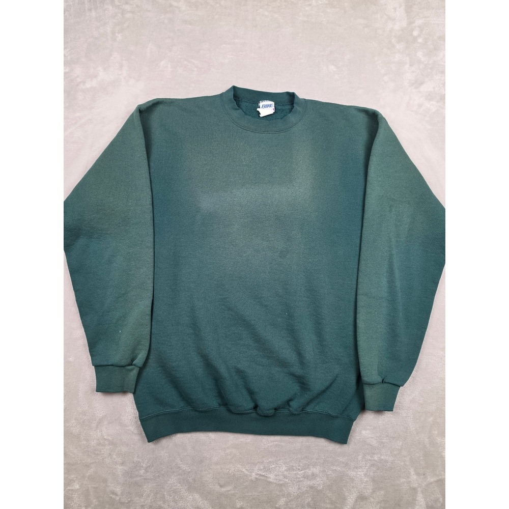 Vintage Bike Sweatshirt Mens L Tall Green Blank Crewneck 90s USA Heavy Fade